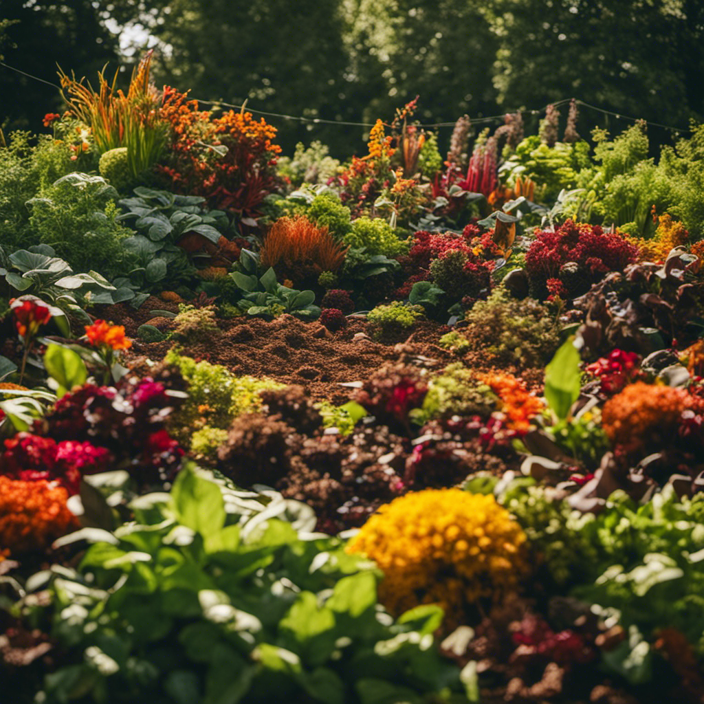 An image showcasing a vibrant, lush garden bed filled with layers of colorful organic materials - from kitchen scraps to fallen leaves - forming the foundation for a thriving compost pile