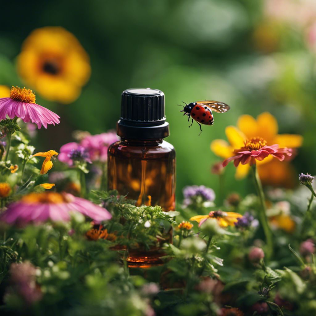 An image showcasing an idyllic garden scene with lush greenery and vibrant flowers, as a gardener sprays a natural repellent made from essential oils, while friendly ladybugs and butterflies flutter around