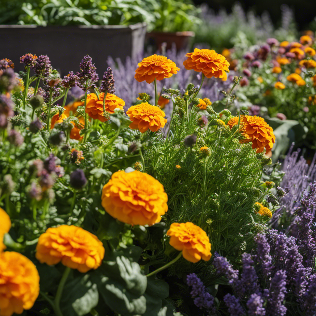 An image showcasing an organic garden bed with a diversity of companion plants, such as marigolds, basil, and lavender, thriving together