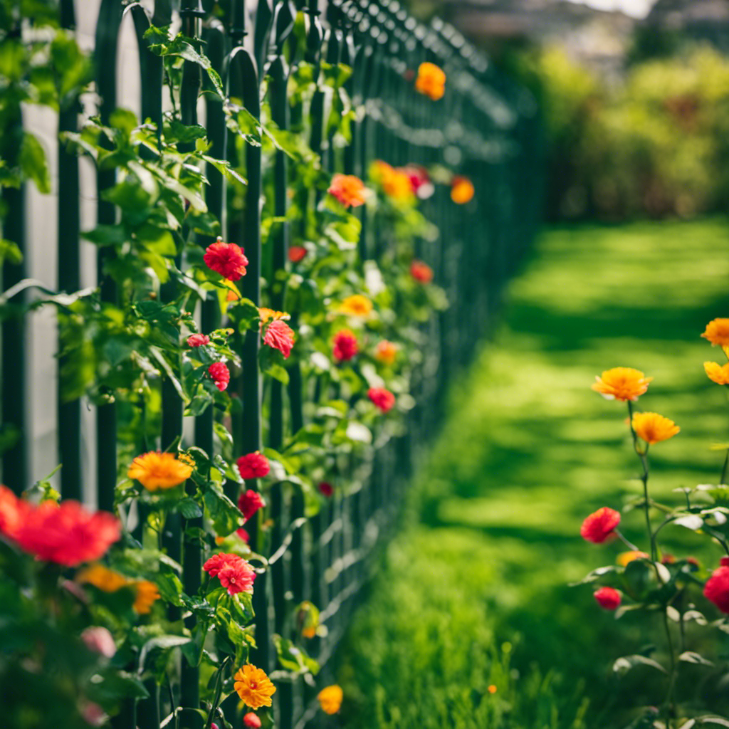 An image showcasing a lush garden surrounded by a protective mesh fence, interwoven with vines and flowers