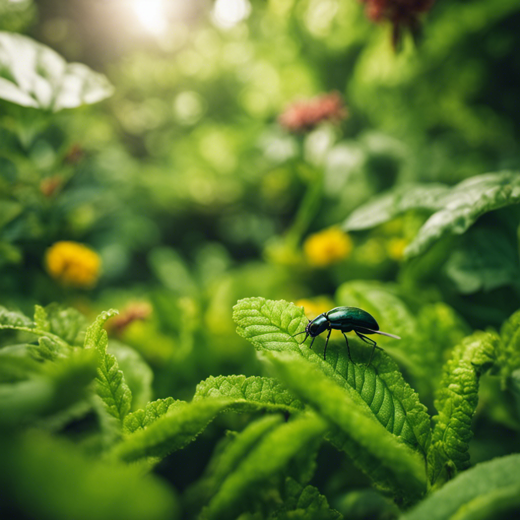 An image showcasing a lush garden with various green pest control methods integrated throughout its timeline