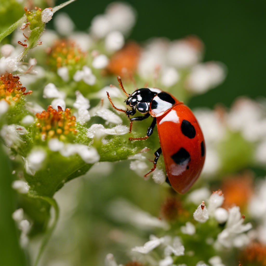 An image depicting a flourishing garden with ladybugs, lacewings, and nematodes actively preying on aphids, mealybugs, and whiteflies