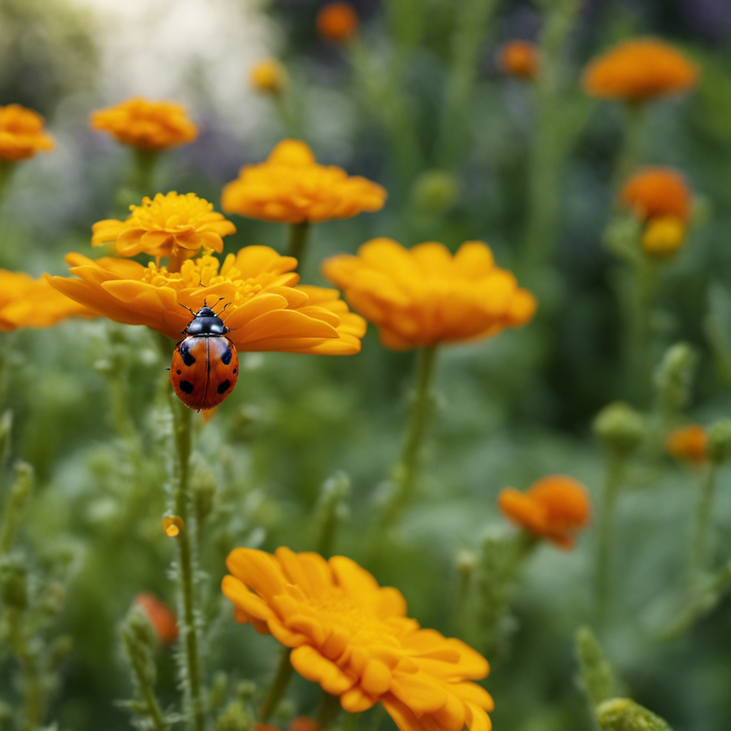 An image showcasing a diverse garden, with ladybugs and lacewings feasting on aphids, while companion plants like marigolds and mint repel pests naturally, illustrating the effectiveness of Integrated Pest Management