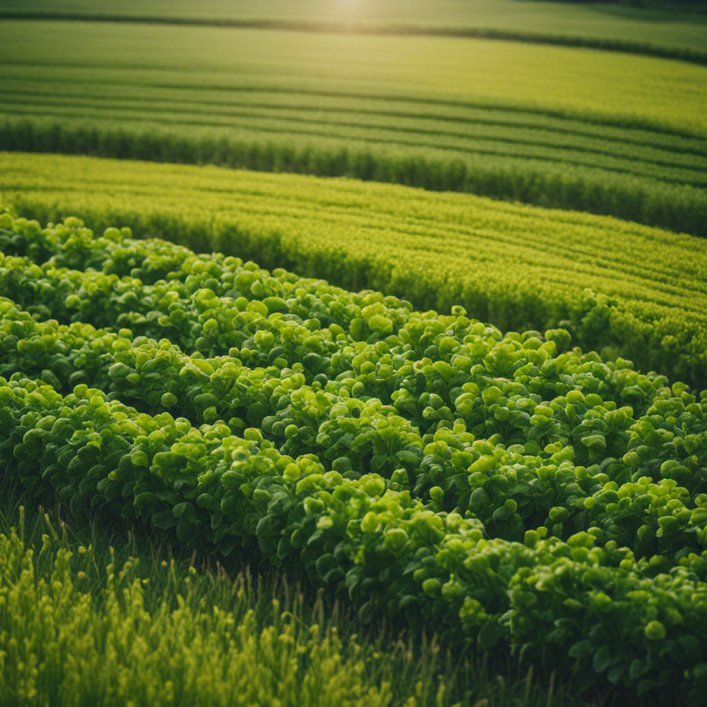 An image depicting a lush field divided into four sections with different crops planted in each, showcasing the natural pest control benefits of crop rotation