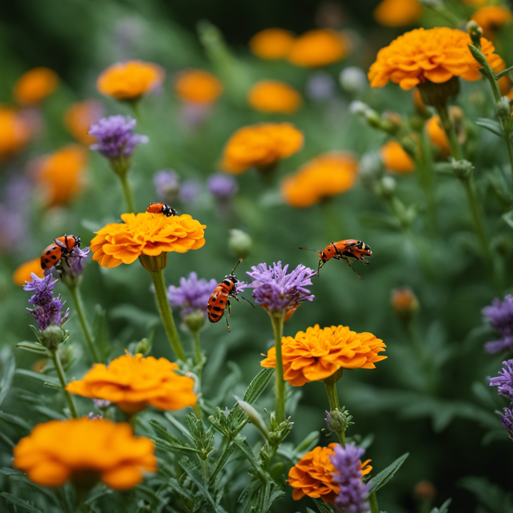 An image showcasing a lush garden with strategically placed marigold, lavender, and mint plants, surrounded by ladybugs, lacewings, and praying mantises, all effectively repelling pests naturally