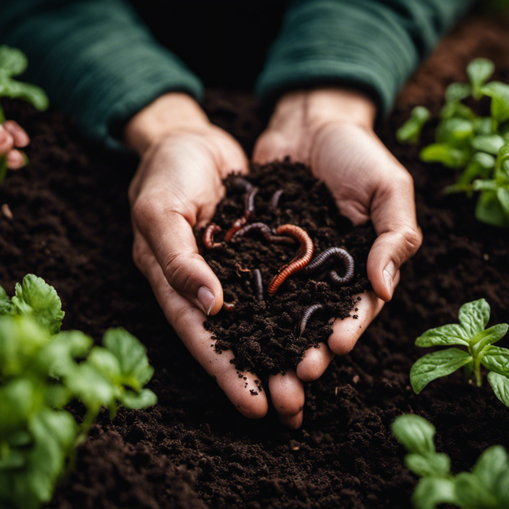 An image showcasing a gardener's hands gently cradling rich, dark soil, teeming with healthy earthworms and beneficial insects