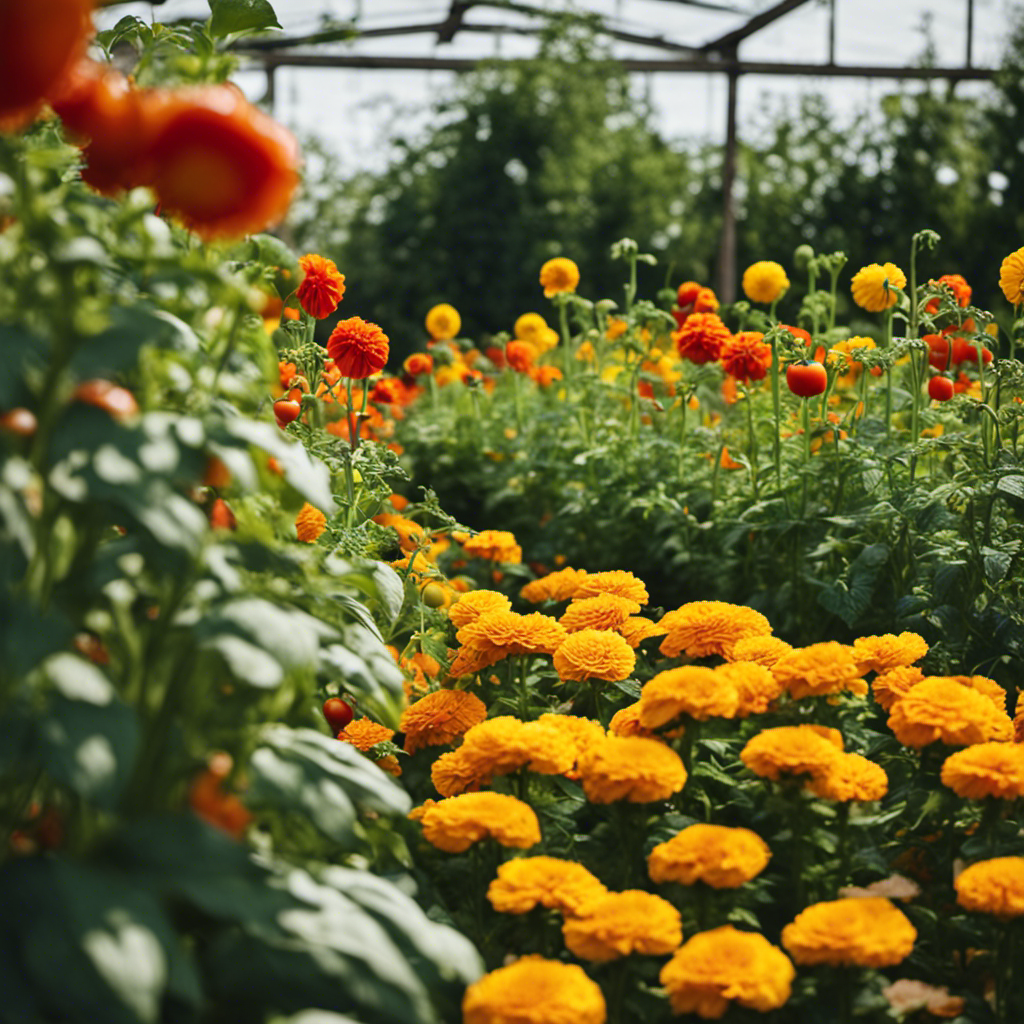 An image showcasing a harmonious garden bed with marigolds protecting tomatoes from pests, basil enhancing the growth of peppers, and sunflowers attracting beneficial insects