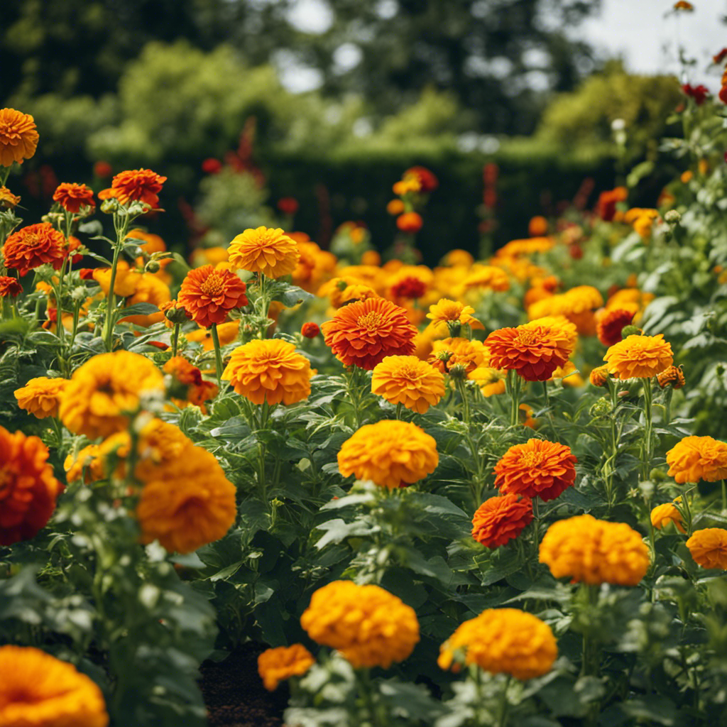 An image depicting a lush garden bed with vibrant marigolds acting as natural pest deterrents, while tall sunflowers provide shade and support for climbing beans, illustrating the concept of companion planting