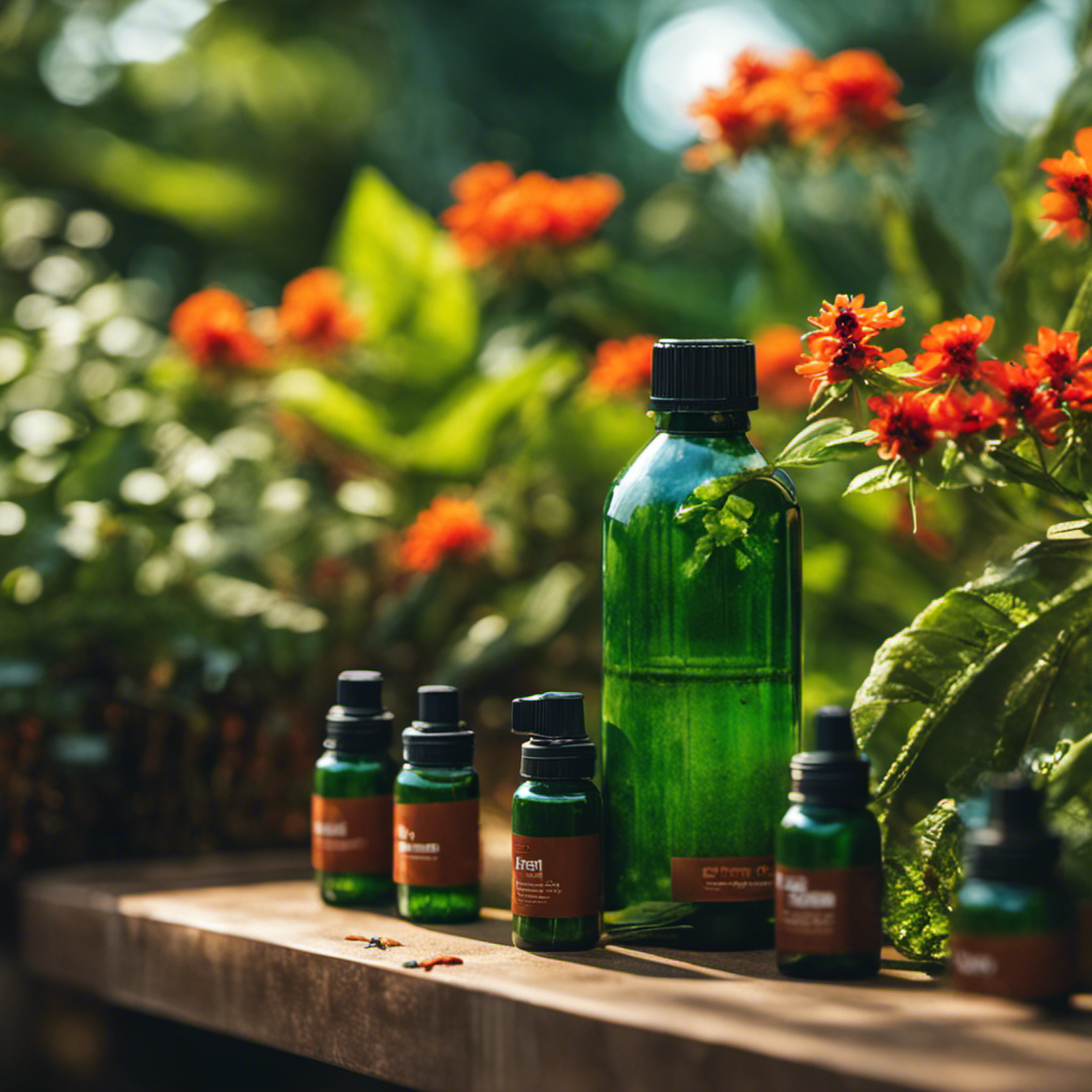 An image showcasing a lush garden with vibrant, pest-free plants surrounded by organic pesticide bottles, neem oil sprayers, and ladybugs diligently protecting the foliage