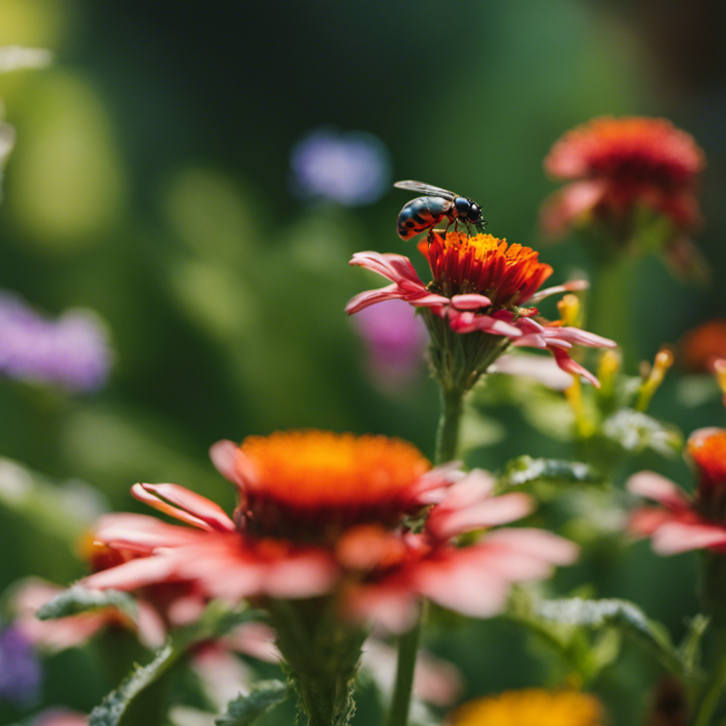 An image showcasing a lush garden with vibrant flowers and vegetables, where ladybugs delicately perch on leaves, lacewings hover near blossoms, and bees buzz around, highlighting the importance of beneficial insects in eco-friendly pest control