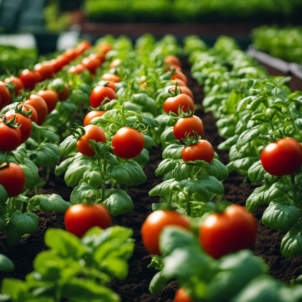 An image showcasing a lush garden bed divided into four sections, each hosting different crops