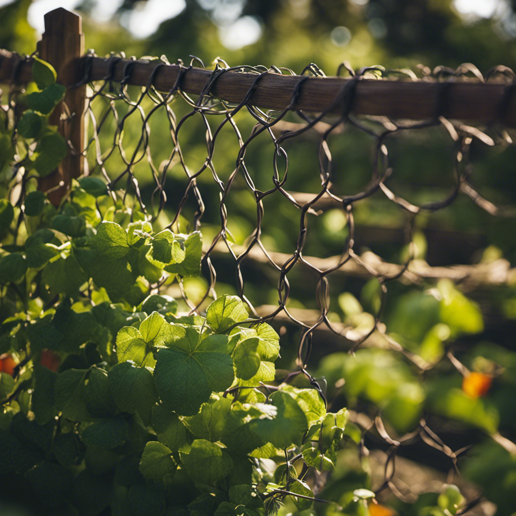 An image showcasing an organic garden surrounded by a sturdy wooden fence, adorned with climbing vines and equipped with a mesh netting to ward off pests