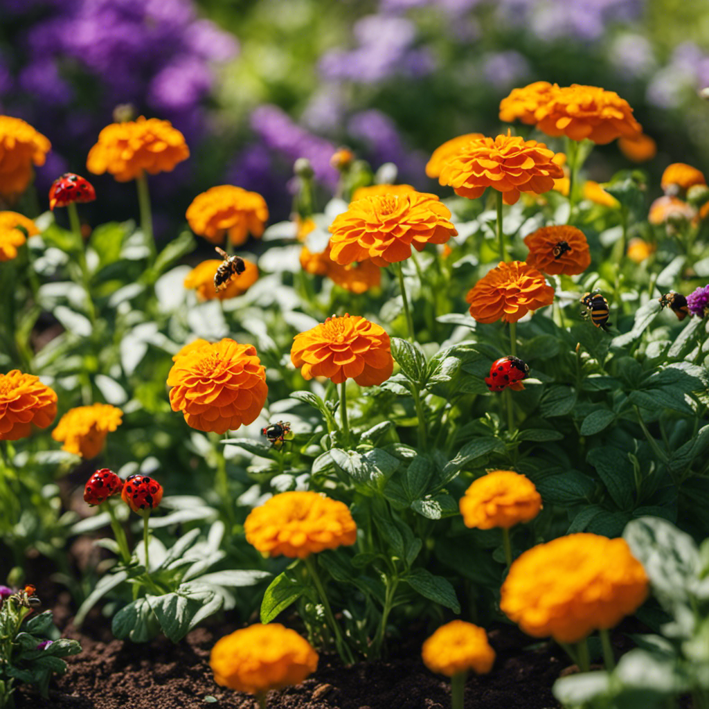 An image showcasing a lush garden with vibrant flowers and herbs strategically planted to deter pests