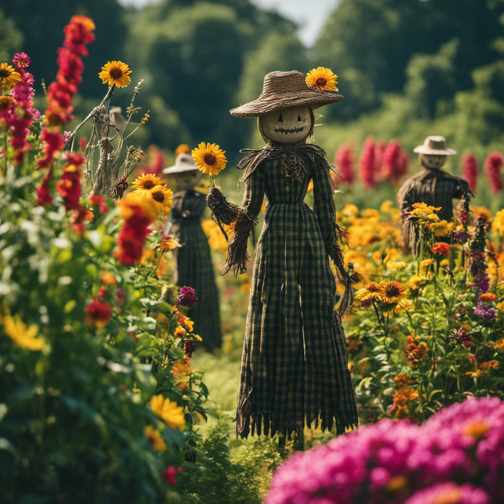 An image of a lush garden enclosed within a sturdy wire fence, complemented by a row of tall, imposing scarecrows standing guard