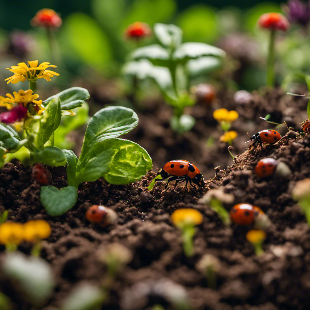 An image depicting a lush, thriving garden with a diverse range of healthy plants surrounded by nutrient-rich soil teeming with earthworms, ladybugs, and other beneficial insects, highlighting the importance of pesticide-free practices for maintaining soil health