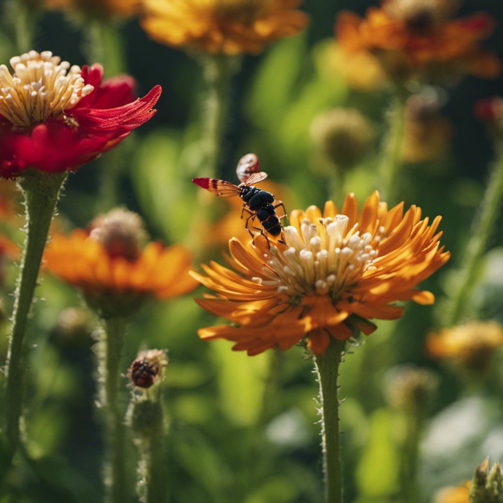 An image showcasing a lush garden teeming with colorful flowers and buzzing with ladybugs, lacewings, and praying mantises