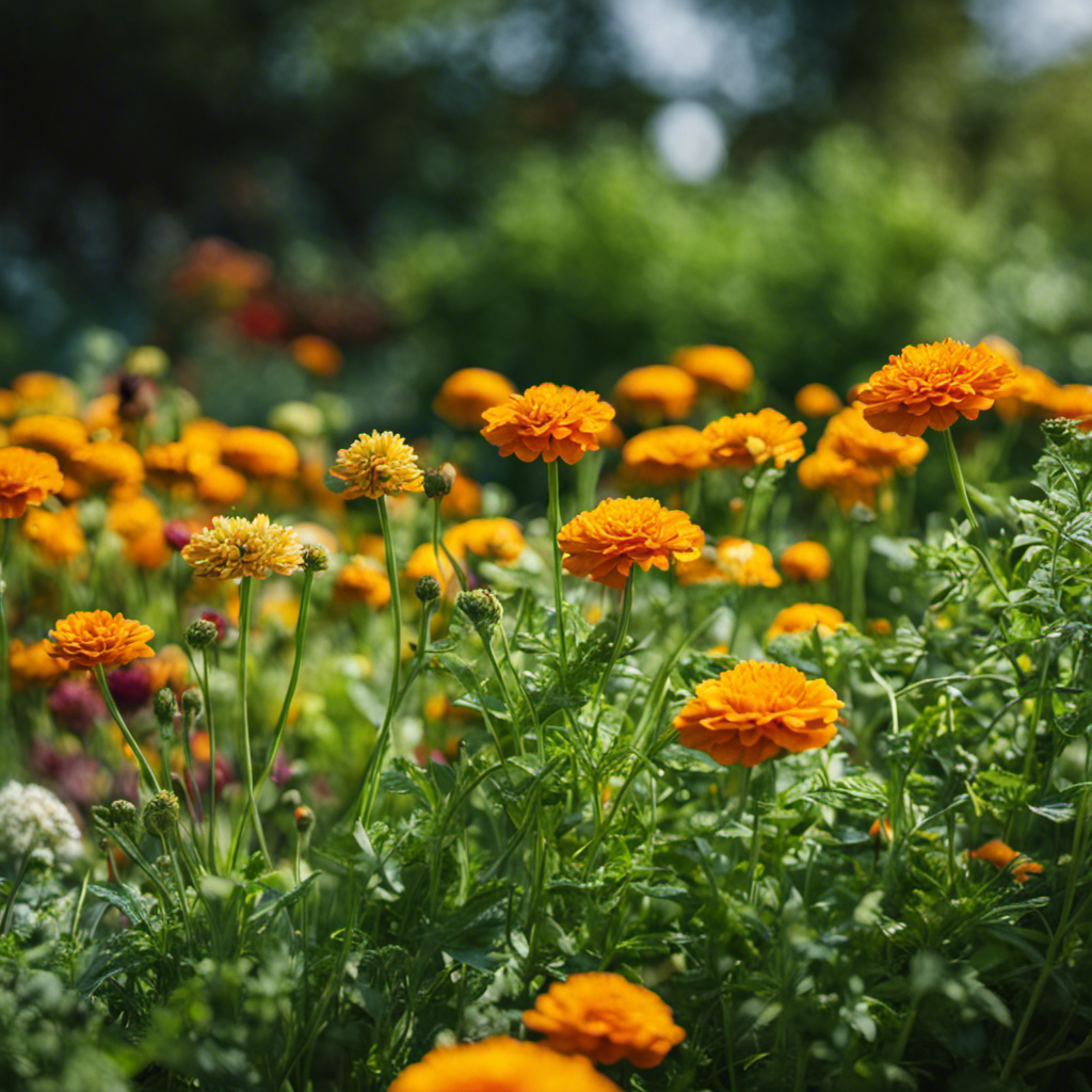 An image with vibrant, flourishing edible plants intermingled with natural pest deterrents like marigolds, mint, and chives