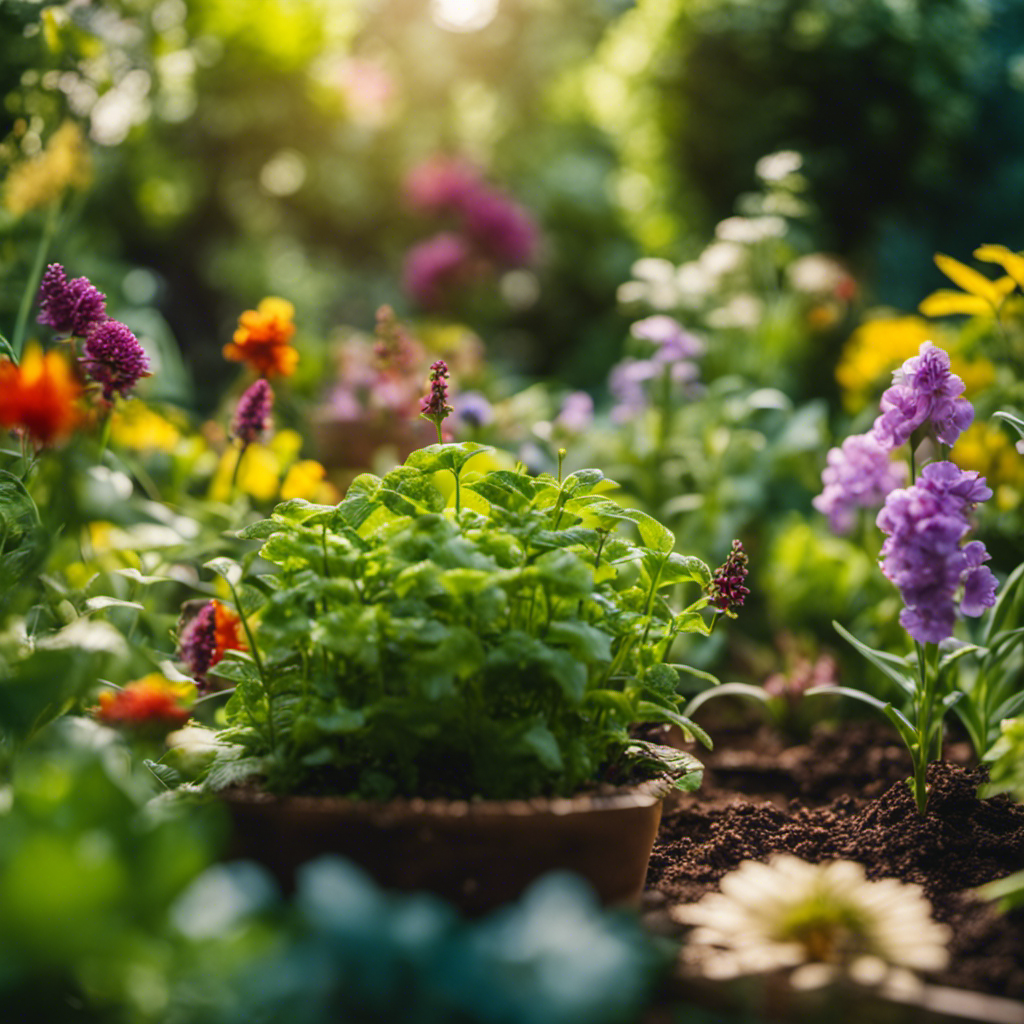 An image showcasing a lush, vibrant edible garden surrounded by a protective barrier of aromatic essential oils