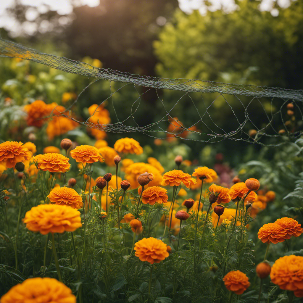 An image showcasing a lush, vibrant garden surrounded by a protective barrier of marigold flowers, garlic plants, and strategically placed netting, warding off pests and ensuring the safety of your precious edible crops