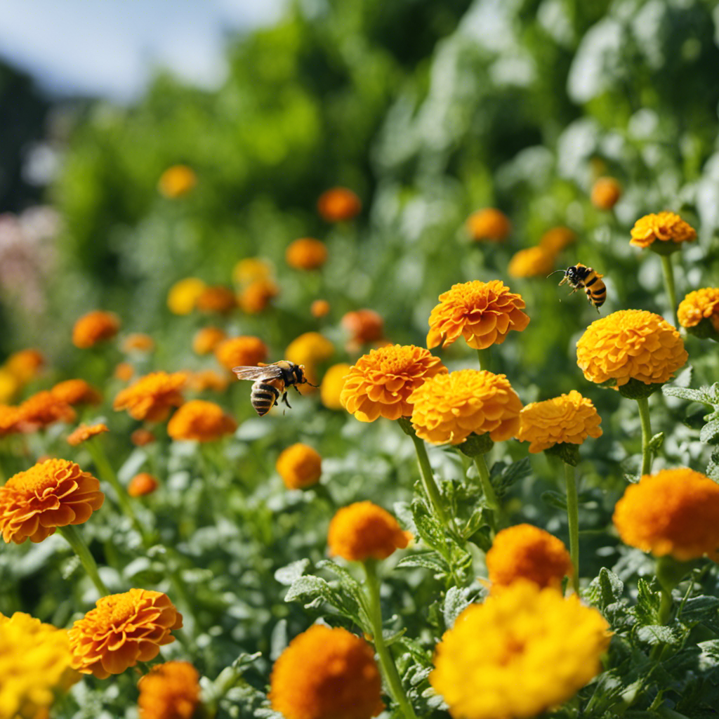 An image showcasing a lush edible garden thriving with vibrant vegetables, while natural pest-repelling plants like marigolds and lavender border the perimeter