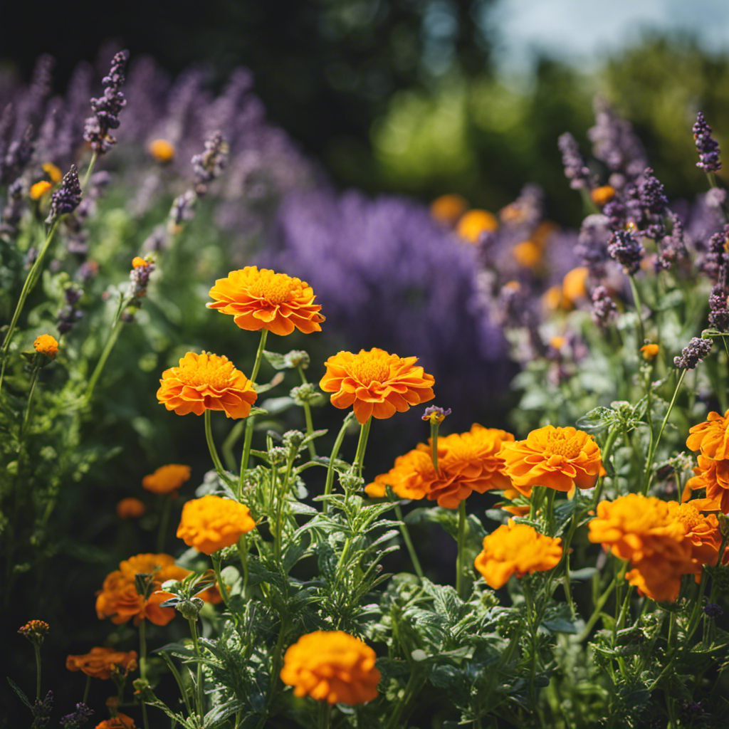 An image showcasing a vibrant edible garden filled with a diverse array of companion plants, such as marigolds, basil, and lavender, beautifully intermingled to ward off pests naturally