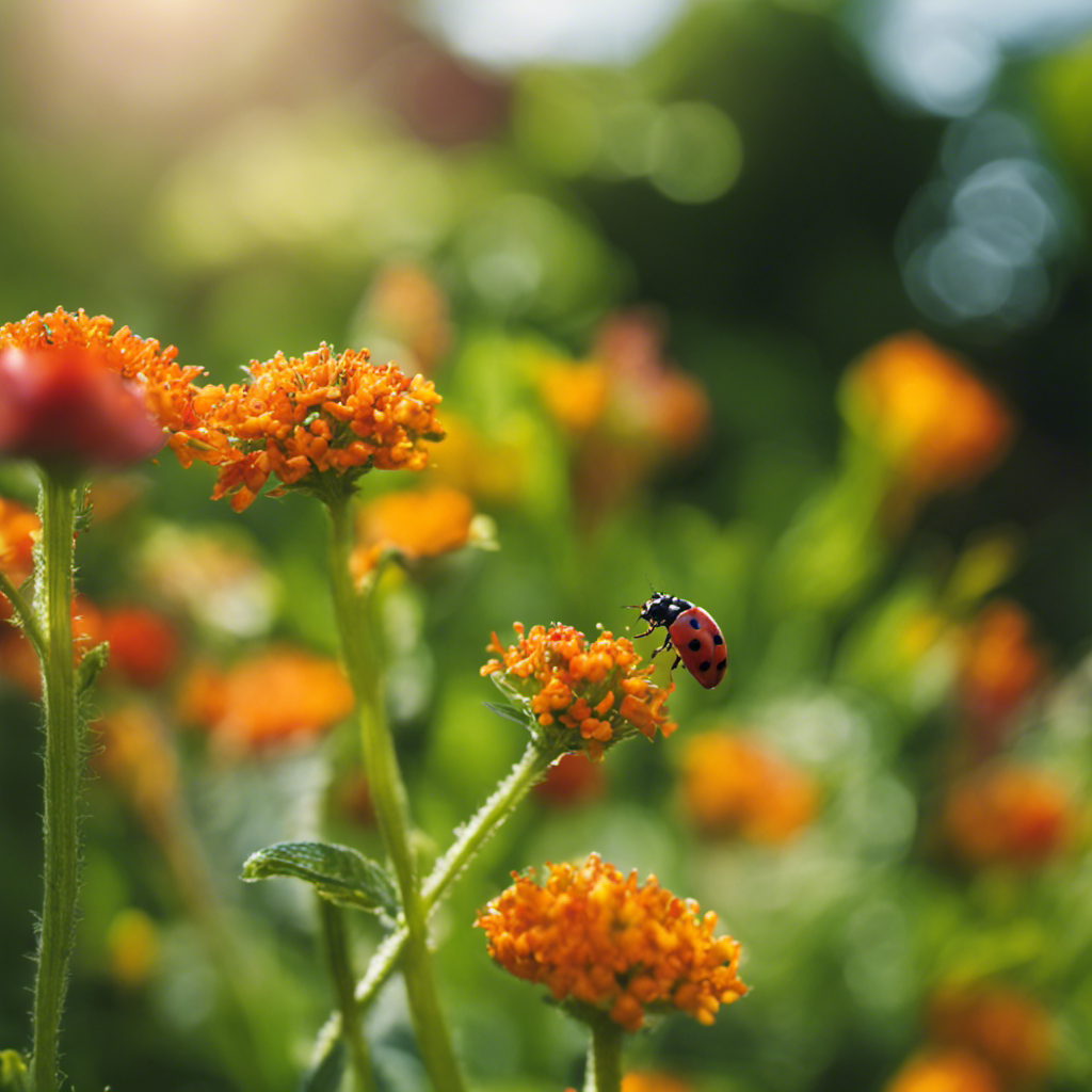 An image featuring a lush organic garden with vibrant flowers and vegetables, where ladybugs, lacewings, and bees are seen actively patrolling the crops, showcasing the vital role of beneficial insects in natural pest control