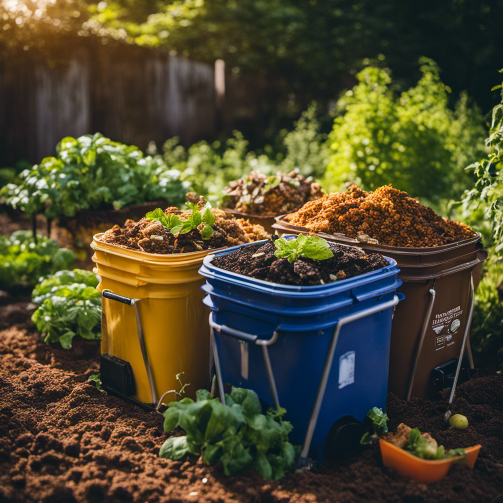 An image showcasing the Bokashi composting system in action: a vibrant organic garden featuring airtight buckets filled with food waste, sprinkled with Bokashi bran, and the process of fermentation visibly taking place