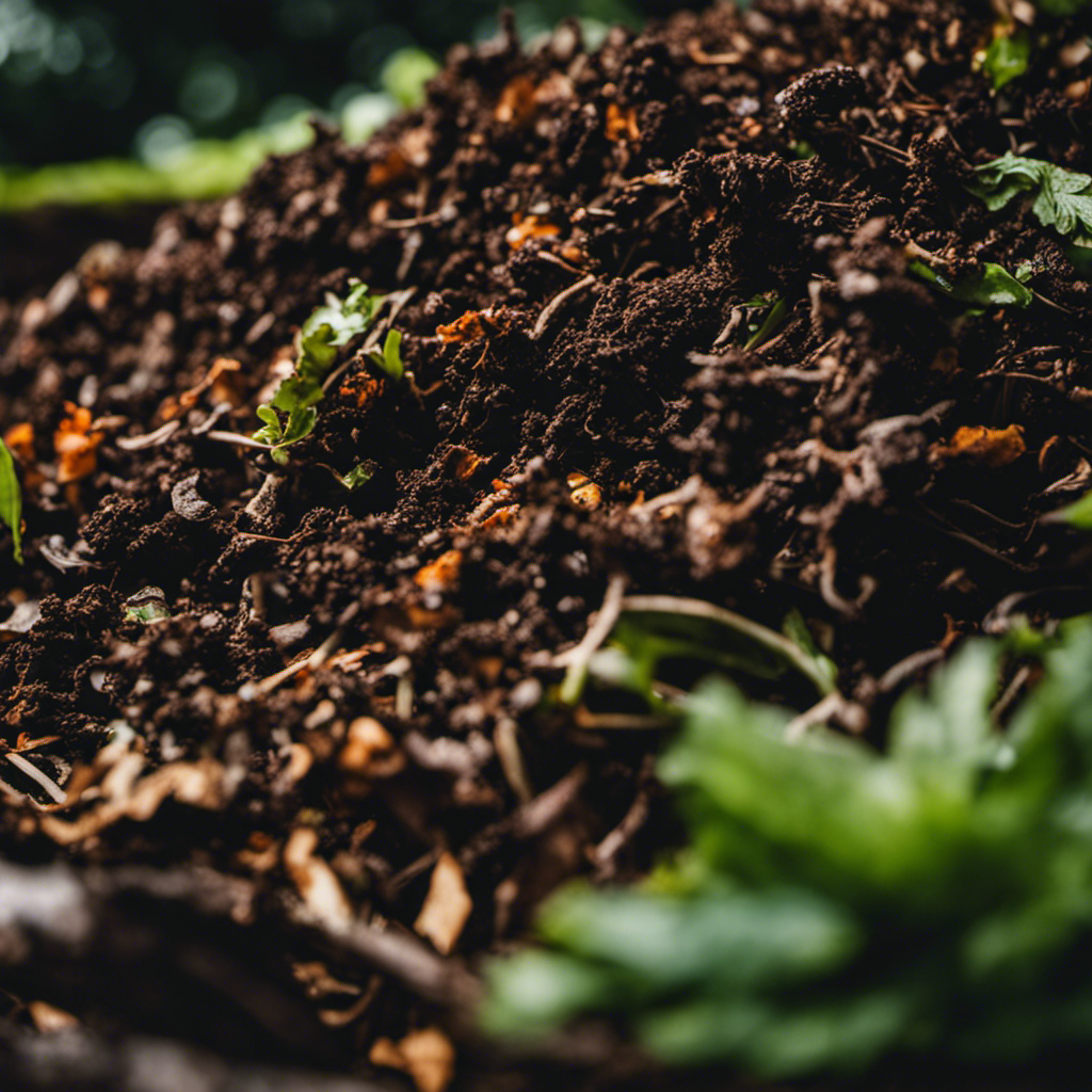 An image showcasing the intricate layers of a traditional compost pile, with a mix of green and brown organic matter, forming a visually appealing symphony of decomposition, inviting readers to explore the magic of this timeless composting method