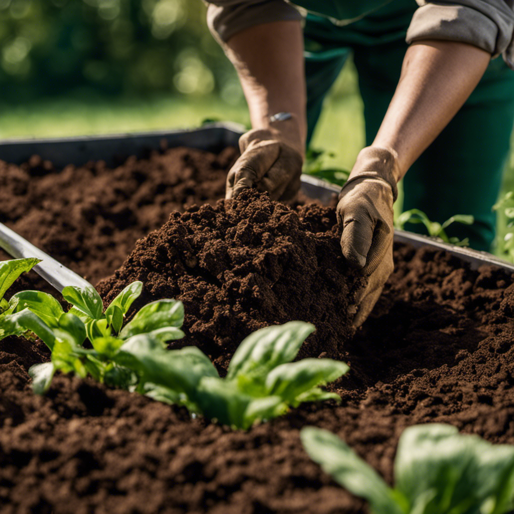 An image showcasing the trench composting technique in action: a gardener digging a deep trench, layering green and brown compostable materials, and covering it with soil, fostering nutrient-rich soil for future organic growth