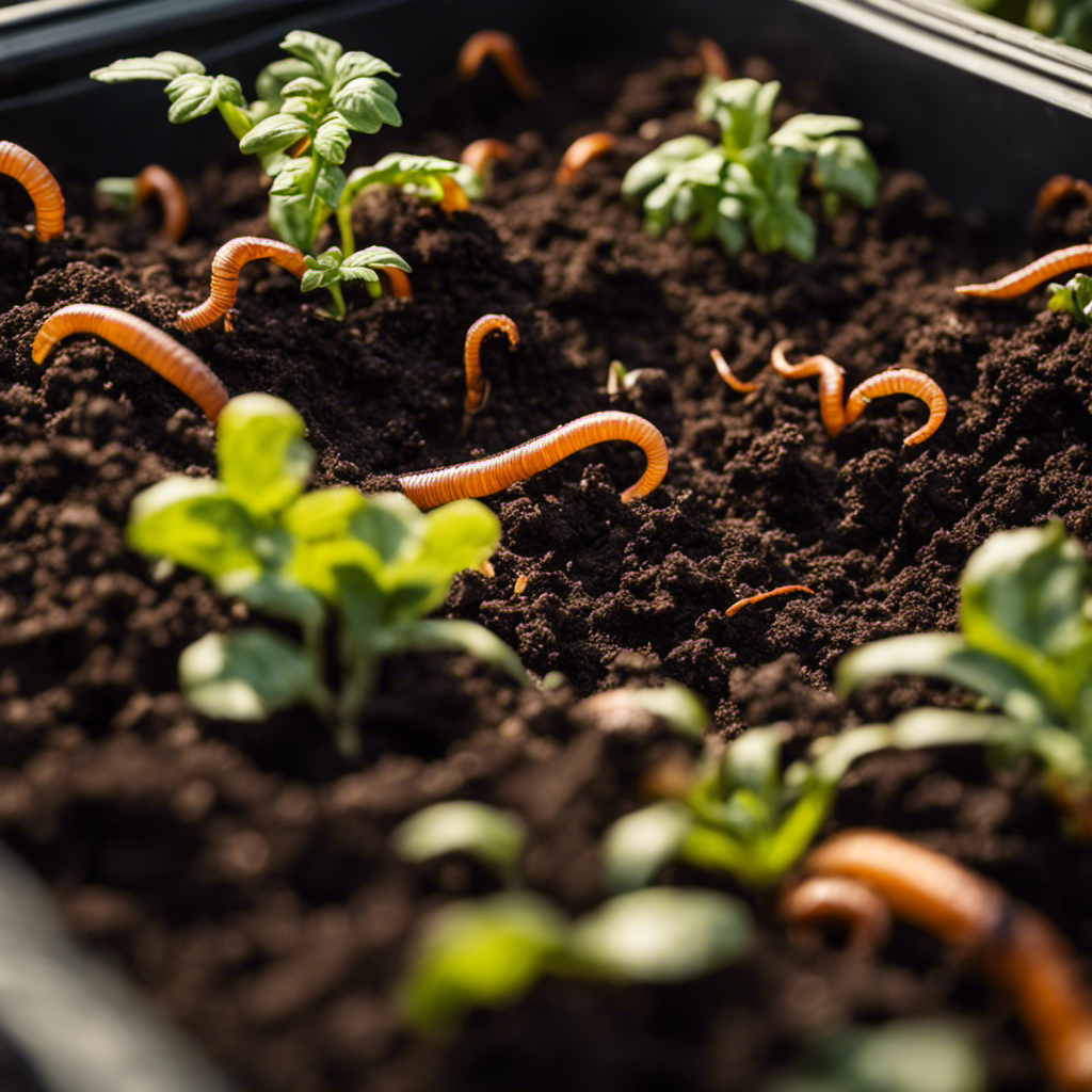 An image depicting a flourishing organic garden bed with worms wriggling through nutrient-rich soil