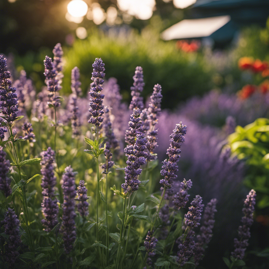 An image of a lush garden with aromatic herbs like lavender, citronella, and basil planted strategically around flowers, repelling bugs with their strong scents