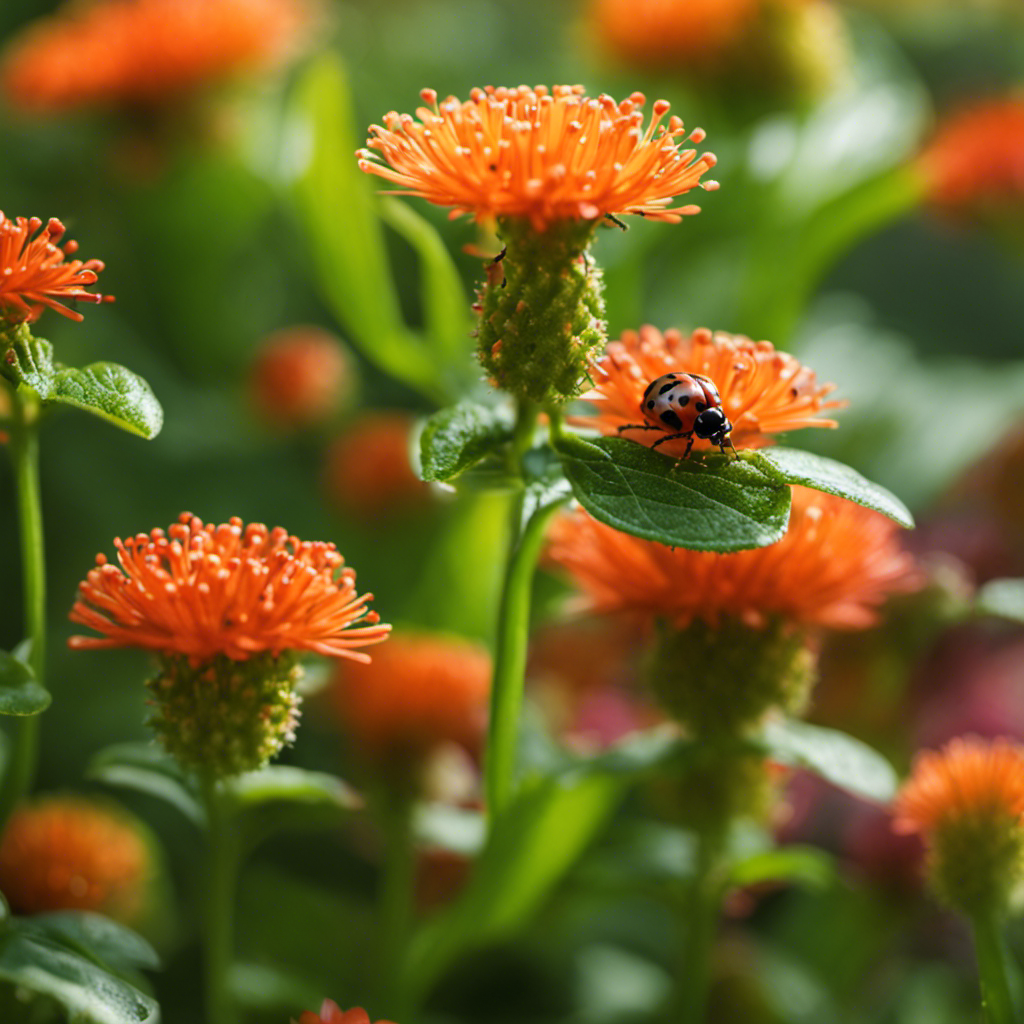 An image showcasing a lush garden scene, filled with ladybugs, lacewings, and hoverflies hovering above vibrant plants, actively controlling pests