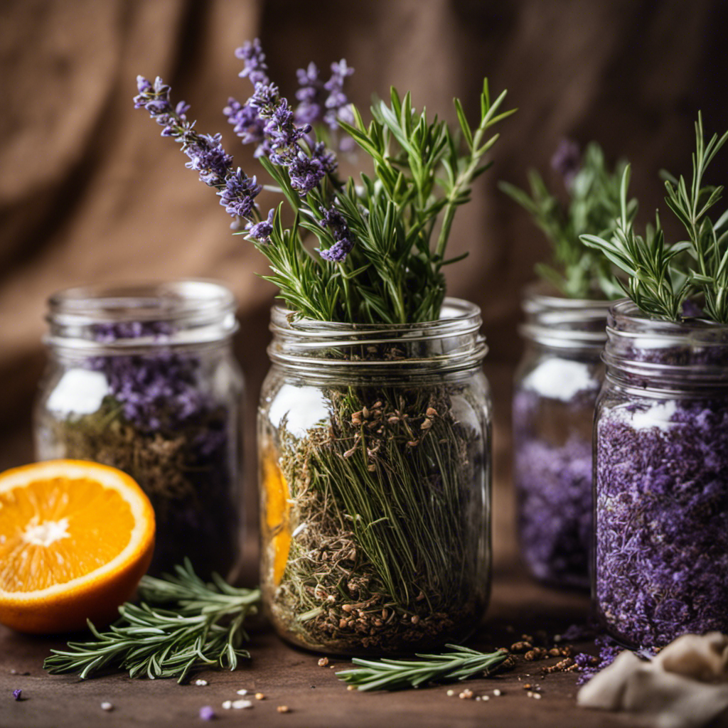 An image showcasing a rustic, DIY setup: a mason jar filled with fragrant herbs like rosemary and lavender, surrounded by crushed garlic cloves and orange peels, ready to be transformed into an eco-friendly homemade pest spray