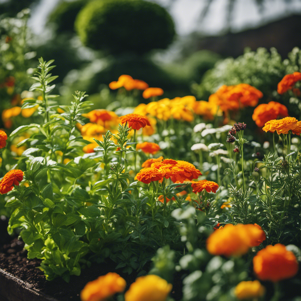 An image showcasing a lush garden bed with intermingling herbs, like basil and rosemary, cleverly placed alongside bug-repelling allies such as marigolds and nasturtiums, demonstrating the power of companion planting