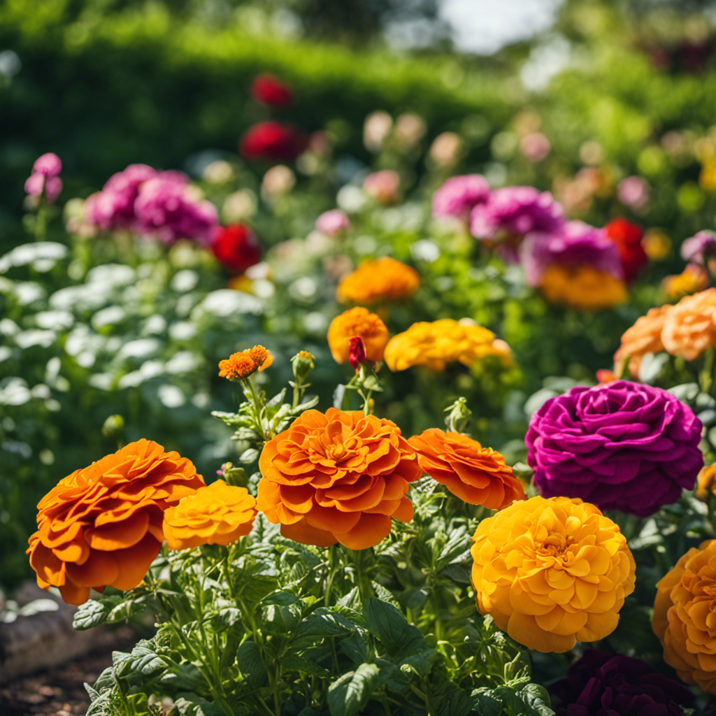 An image showcasing a vibrant garden bed with a variety of complementary plants intermingled, such as marigolds, basil, and roses, illustrating the concept of companion planting for natural pest control