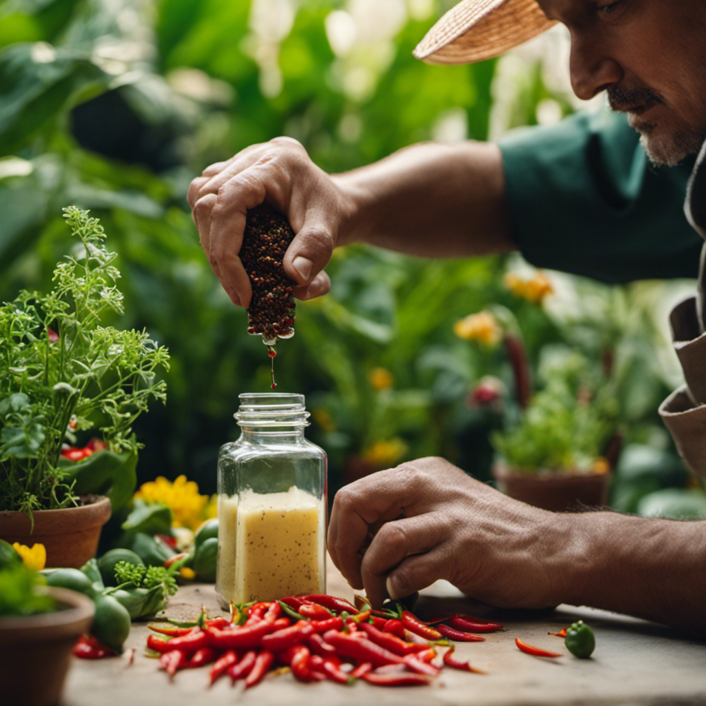 An image of a gardener mixing a concoction of garlic, chili peppers, and soap in a spray bottle, surrounded by vibrant, pest-free plants