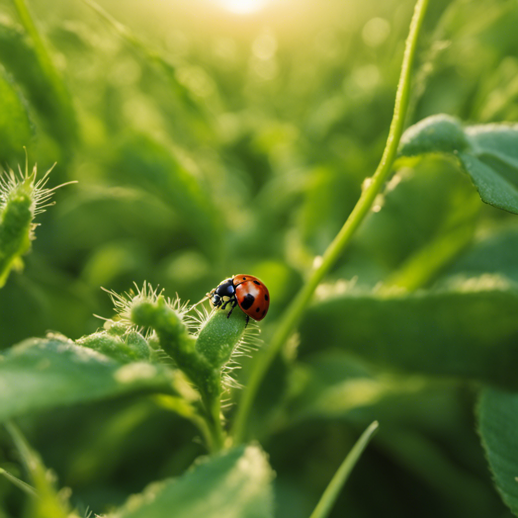 An image showcasing a lush, thriving farm landscape with ladybugs and praying mantises strategically placed amidst rows of crops, highlighting the role of biological control in green pest management