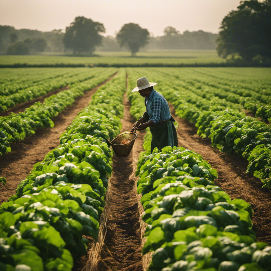 An image showcasing a lush farm landscape with rows of crops shielded by protective netting