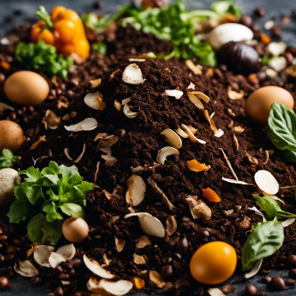 An image showcasing a diverse array of composting materials, such as vegetable scraps, coffee grounds, shredded leaves, and eggshells, neatly arranged in separate piles, representing the best materials for efficient composting of organic veggies