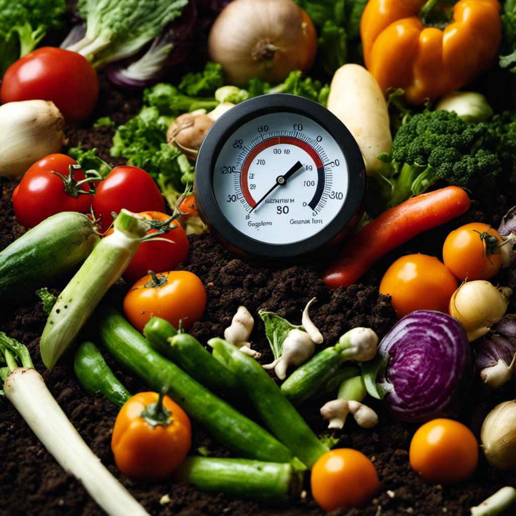 An image showcasing a compost pile with a thermometer inserted into it, surrounded by a variety of organic veggies