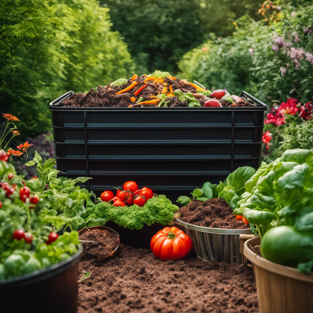 An image showcasing a variety of composting methods: a large compost bin surrounded by organic veggie scraps, a worm composting system with red wigglers, and a compost tumbler on a vibrant garden backdrop