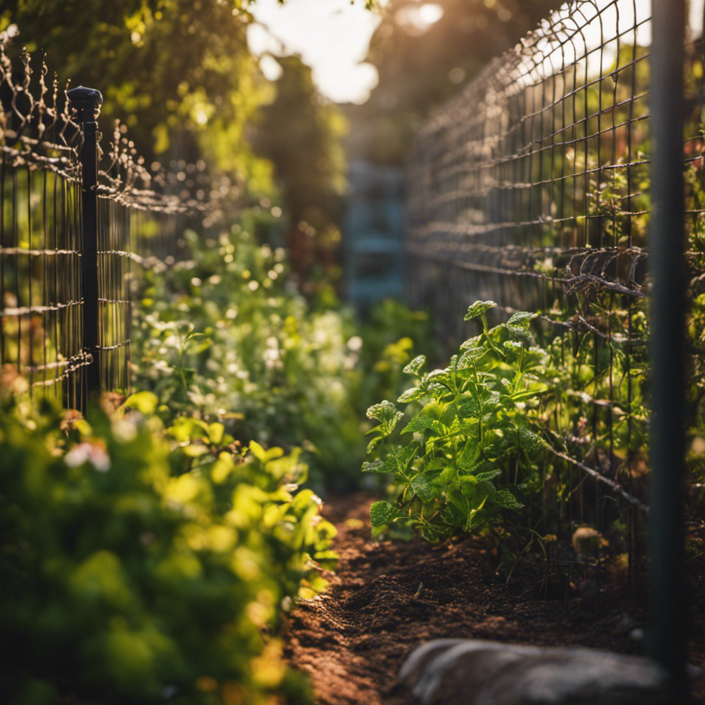 An image showcasing a well-maintained garden, surrounded by a sturdy metal fence embedded in the ground, covered with a transparent mesh netting that protects plants from pests while allowing sunlight to filter through