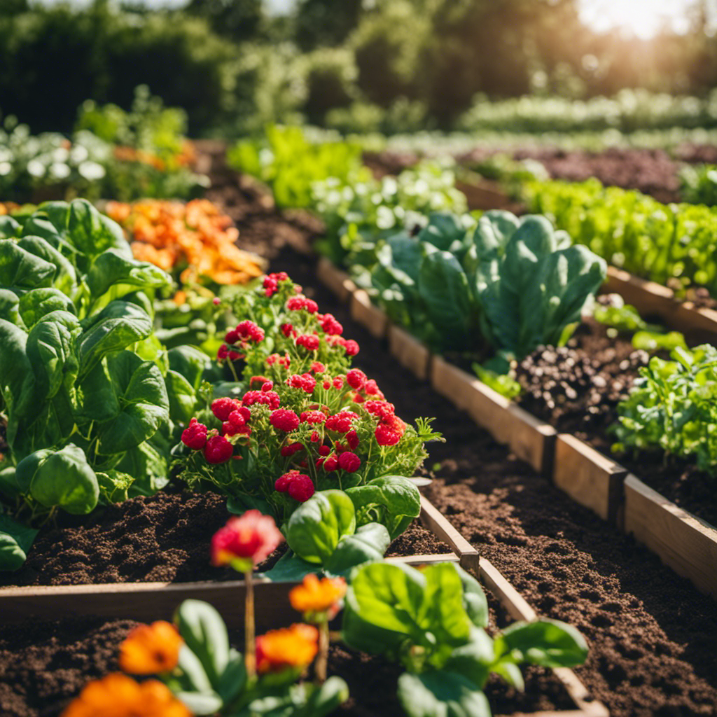 An image of a vibrant garden bed divided into sections, each showcasing different crops