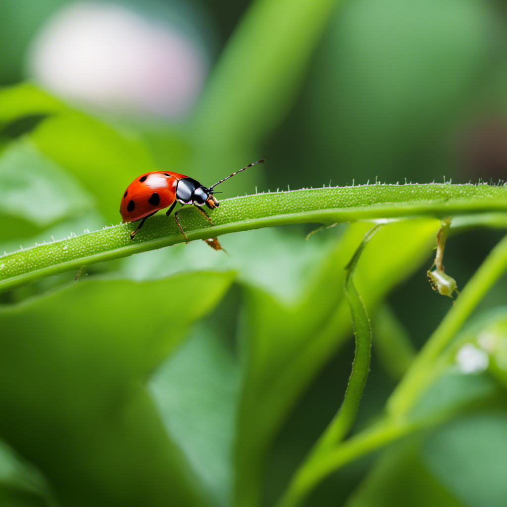 An image featuring a lush garden with ladybugs delicately perched on vibrant green leaves, while a graceful praying mantis lurks nearby, showcasing the power of natural predators in maintaining a pest-free environment