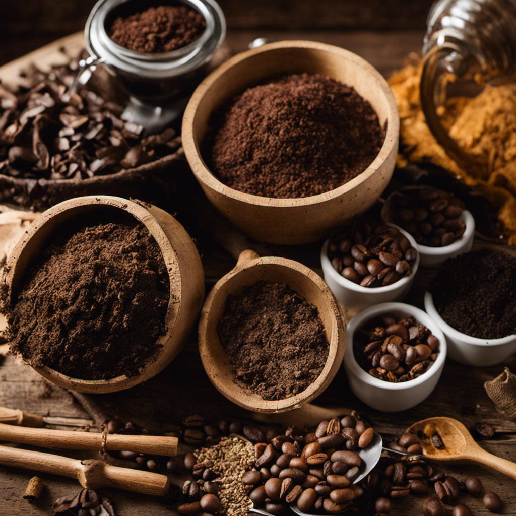 An image that showcases a diverse range of essential materials for advanced composting, such as aged manure, organic kitchen waste, straw, and coffee grounds, arranged neatly in separate piles on a rustic wooden table