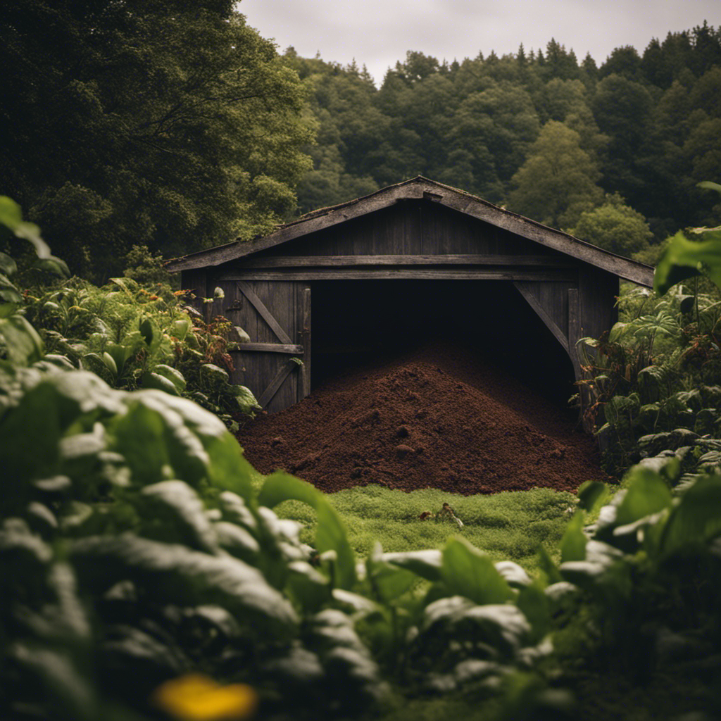 An image showcasing a lush, thriving organic farm surrounded by nutrient-rich compost piles teeming with earthworms