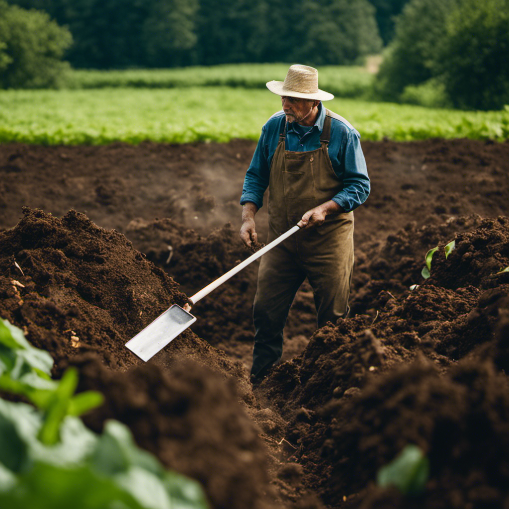 An image showcasing an organic farmer in action, meticulously inspecting a large compost pile for signs of imbalance, such as steam or foul odor, using a thermometer and pitchfork, surrounded by a lush green field