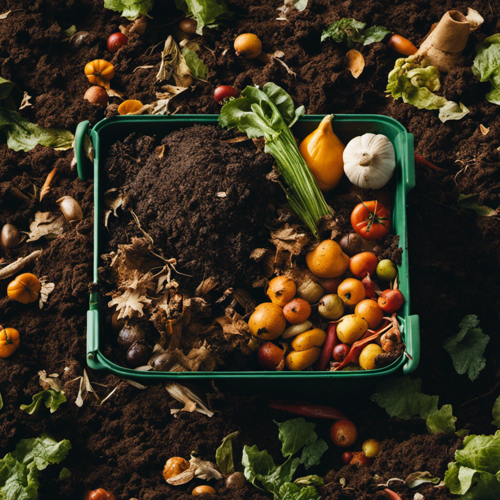 An image showcasing a farmer expertly layering organic materials, such as kitchen scraps, manure, and leaves, in a compost bin, illustrating the step-by-step process of advanced composting