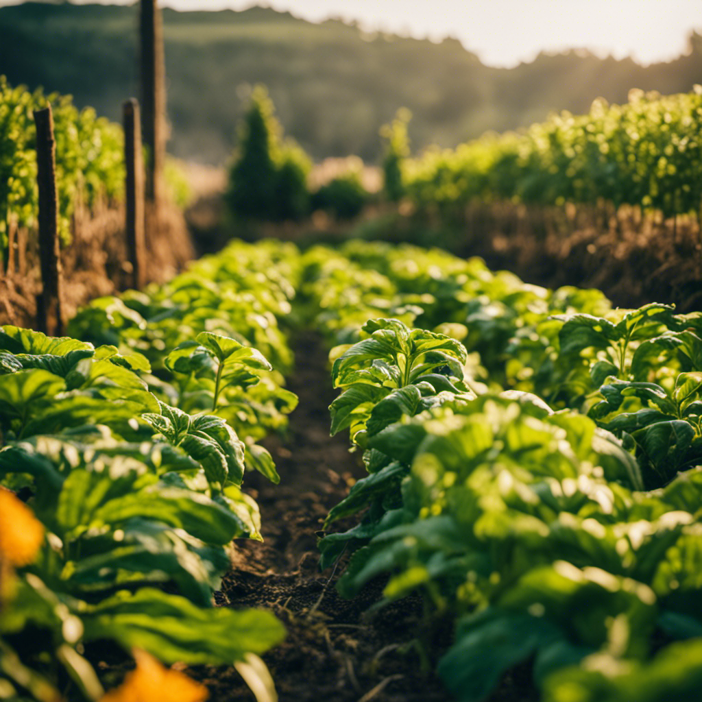 An image showcasing a lush, thriving organic farm where vibrant, nutrient-rich crops grow abundantly, thanks to advanced composting techniques