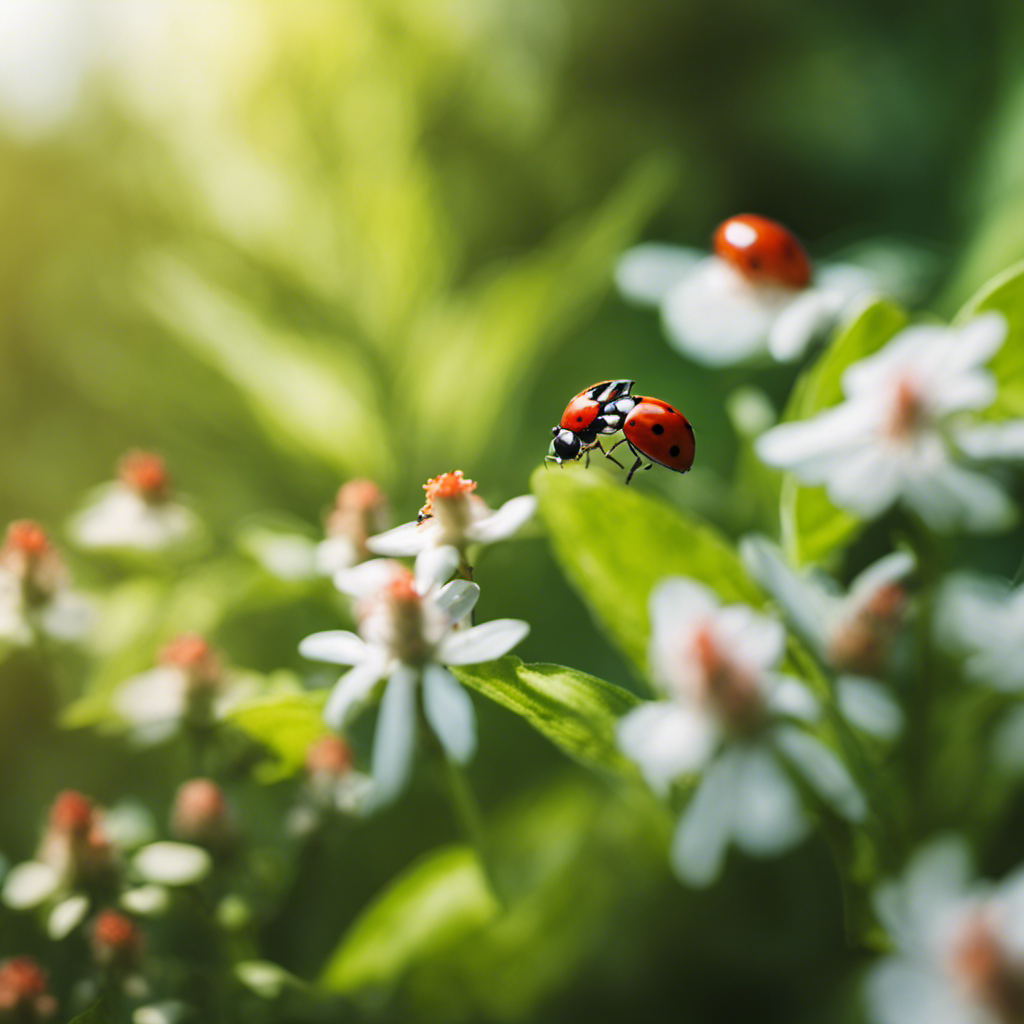 An image depicting a lush garden scene with ladybugs crawling on leaves, bees buzzing around flowers, and praying mantises perched on branches, showcasing the harmonious coexistence of beneficial insects and plants in eco-friendly pest control